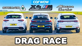 BMW X4M v Porsche Macan Turbo v Alfa Stelvio QV: DRAG RACE