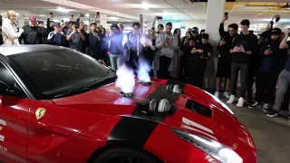 CALIFORNIA CAR EVENT SHUT DOWN BY DDE TWIN TURBO FERRARI F12! Insane parking structure car event