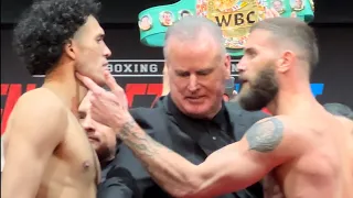 DAVID BENAVIDEZ SHOVES CALEB PLANT AFTER CALEB PLANT PUTS HANDS ON HIS FACE DURING HEATED WEIGH INS