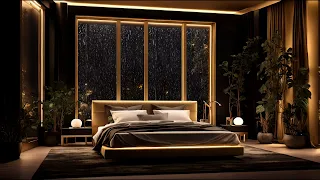 Listen to piano music in a cozy bedroom with the sound of rain.