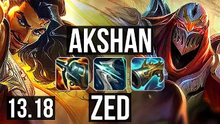 AKSHAN vs ZED (MID) | 1600+ games, 7 solo kills, Legendary, 900K mastery, 16/4/4 | KR Master | 13.18