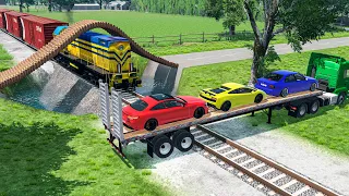 Double Flatbed Trailer Truck vs speed bumps|Busses vs speed bumps|Beamng Drive| BeamNG Express