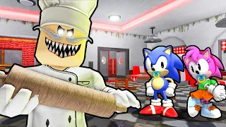 BABY SONIC AND BABY AMY VS ESCAPE PAPA PIZZA'S PIZZERIA IN ROBLOX