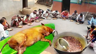 How santali tribe people clean pig meat and eating with their family || suyar meat cooking recipe