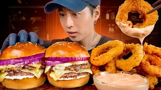 ASMR MUKBANG CHEESEBURGER MUSHROOM SWISS & ONION RINGS | COOKING & EATING SOUNDS | Zach Choi ASMR