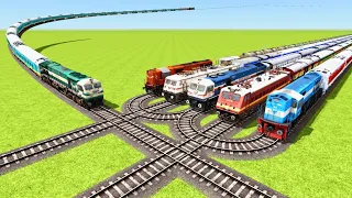 5 TRAINS RUNS ON TWISTED DOUBLE U SHAPE RAILROAD TRACKS ▶️ Indian Train Simulator | CrazyRails