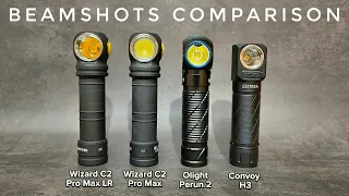 Top View Beamshots Comparison - Armytek Wizard C2 Pro Max LR (warm) vs Olight Perun 2 & Convoy H3