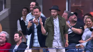 The reaction of federer when he has seen Fallon and Timberlake dancing on the stadium