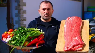 FRYING A BIG CHUNK of MEAT on a FRYING PAN. ENG SUB