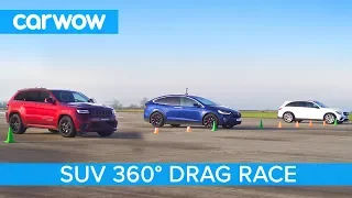 Tesla Model X P100D vs Jeep Trackhawk vs AMG GLC 63 - 360º DRAG & ROLLING RACE
