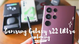 Samsung Galaxy S22 Ultra Burgundy Unboxing 🍷 | Buds Pro + Lucky Box (ASMR/aesthetic) | Dionne. T