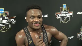 Jacori Teemer (Arizona State) after win in Quarterfinals at 157 pounds at 2022 NCAAs