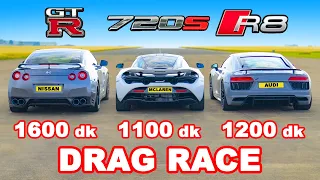 Audi R8 1.200 dk v GT-R 1.600 dk v McLaren 720S 1.100 dk: DRAG RACE