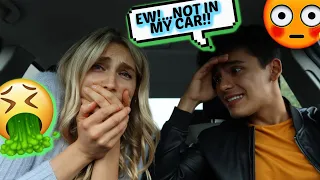 I GOT FOOD POISONING & THREW UP IN HIS CAR PRANK!! *he hates me*