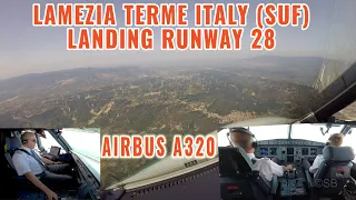 Lamezia Terme, Italy, SUF: Scenic Approach + landing on Runway  28. Airbus cockpit and pilots view.