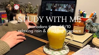 2-HOUR STUDY WITH ME 🌧️🪵 relaxing fireplace & rainy evening 🔮 pomodoro 50/10 + bell, real time