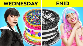 CAKE DECORATING CHALLENGE || Funny Enid VS Wednesday Desert Hacks Battle by 123GO! CHALLENGE