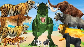 Giant Dinosaur vs Giant Elephant vs Tiger Fight Cow Cartoon Buffalo Lion Saved By Giant Gorilla