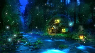 Fantasy cottage, soothing magical forest sound at night, calm river