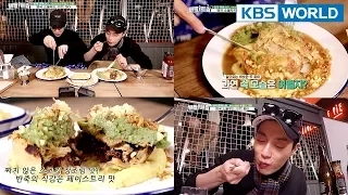 Dujun and Gikwang enjoy unique meat pies. YUM!!  [Battle Trip/2018.03.18]