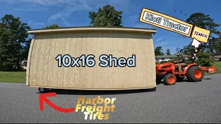 Moving a 10x16 shed with dollies made with Harbor Freight tires. The Kioti tractor is a beast!