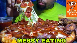 ⚠️MESSY EATING🤤 CHEESE SAUCE LITTLE CEASERS OLD WORLD EXTRA CHEESEY FANCERONI PEPPERONI #MUKBANG
