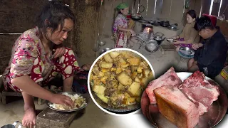 Pork Recipe with Rice || Village style pork item cooking & eating in Village kitchen || Village vlog