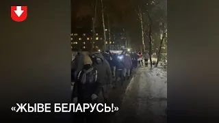Длинная колонна людей во дворе неподалеку от проспекта Пушкина вечером 21 января