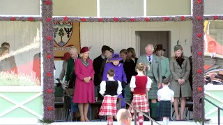 The Queen and Royal Family arrive at the 2019 Braemar Gathering with massed pipes and drums parade