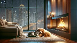 Heavy Rain Sounds And Fire Crackling Sounds With Cute Cat & Dog, Deep Sleep Relaxation | Cozy Escape