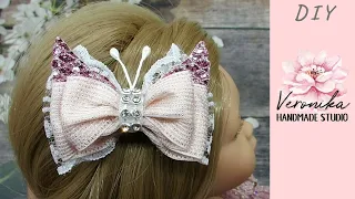 Бантик для малышек с крылышками МК канзаши🎀 Bow of ribbon and glitter PU leather DIY🎀 Laço Borboleta