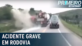 Caminhão tomba e atinge tanque após ultrapassagem proibida em rodovia | Primeiro Impacto (16/11/21)