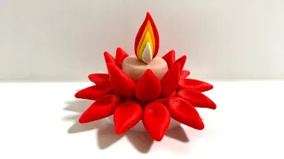 ♥️ Clay time - making a red lotus candle holder /Diwali diya/ model tutorial craft. easy DIY