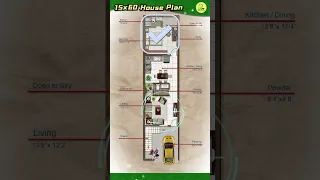 15×60 house plan with car parking, Narrow Plot, color floor plan, 15*60 house design,  #floorplan