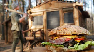 Cooking in the Off Grid Outdoor Forest Kitchen | Big Burger on the Grill, Wilderness Living