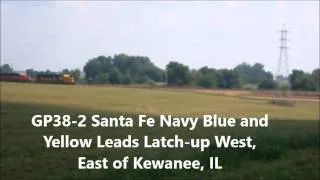 Santa Fe GP38-2 Navy Blue and Yellow Scheme Leading BNSF Latch-up West Near Kewanee, IL