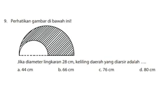 Jika diameter lingkaran 28 cm, keliling daerah yang diarsir adalah/ Latihan soal akhir semester