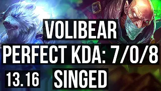 VOLIBEAR vs SINGED (TOP) | 7/0/8, 6 solo kills, Godlike, Rank 12 Voli | KR Challenger | 13.16