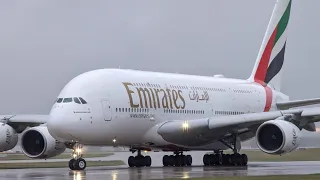 Emirates A380 POWERFUL Takeoff from Manchester in HEAVY rain