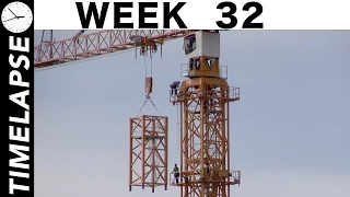 Tower crane #1 rises higher: One-week construction time-lapse with many closeups: Ⓗ Week 32
