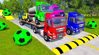 Double Flatbed Trailer Truck vs Speedbumps Train vs Cars | Tractor vs Train Beamng.Drive 0587