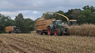 Krone Big X700 with Fendt, JCB and John Deere on trailers.