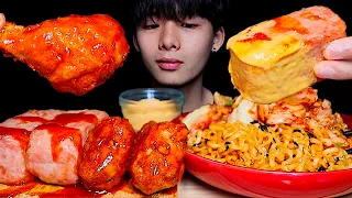 ASMR SPICY FIRE NOODLES, SPAM, BBQ CHICKEN, KIMCHI BBQ시크릿양념닭다리치킨 스팸 卡邦尼火雞辣麵, BBQ炸雞, 午餐肉 | MAR ASMR