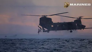 U.S. Marines helocast from Army MH-47 Chinook during Steel Knight 23