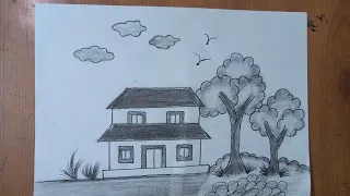 how to draw easy house scenery | beautiful landscape house with tree shading #drawing