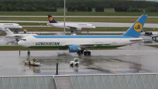 Uzbekistan Airways Cargo Boeing 767-300F UK-67001 taxing and engine start at Munich Airport 01/05/20