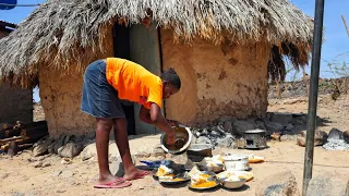 Cooking  yellow  peas and Corn flour//African village life