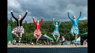 Film of Kenmore Highland Games 2018 with bagpipes, dancing and heavy events in Perthshire, Scotland