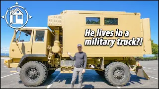 Army truck turned Tiny Home w/ bathroom, elevator bed & more