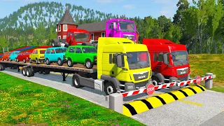 Double Flatbed Trailer Truck vs Speedbumps  Train vs Cars  Tractor vs Train  BeamNG Drive #04